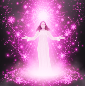 דמות אישה זוהרת באור ורסיסי-אור סביבה. התמונה בצבע מג'נטה